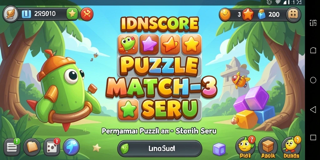 Screenshot utama IDNSCORE menampilkan gameplay Match-3 yang seru.