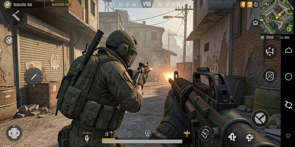 Tampilan utama gameplay V98 dengan aksi tembak-menembak yang intens.