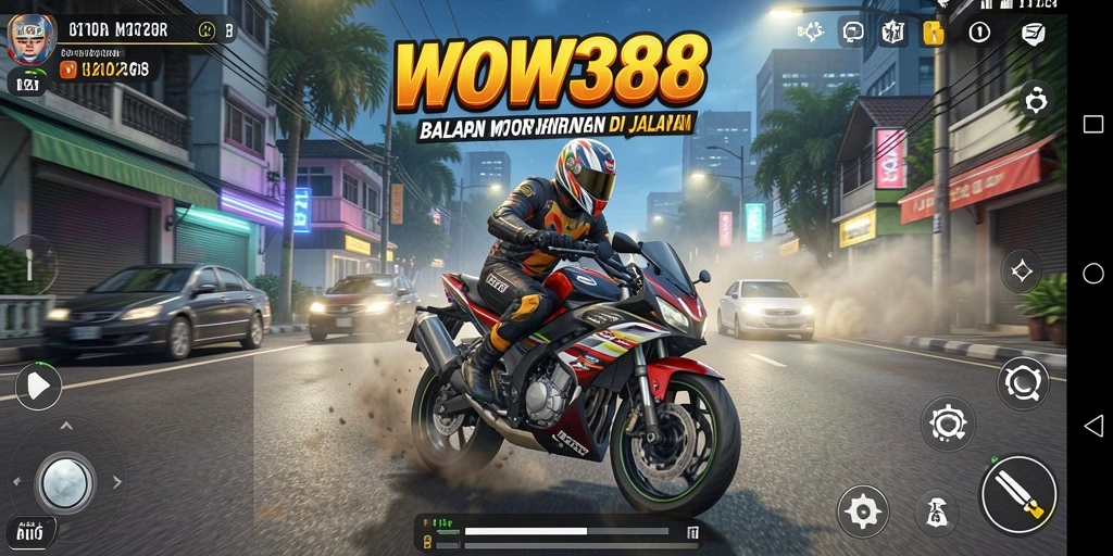 Screenshot gameplay WOW388 menampilkan balapan motor yang mendebarkan di jalanan.